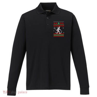 Ugly Christmas Sweater Hockey Sasquatch Performance Long Sleeve Polo