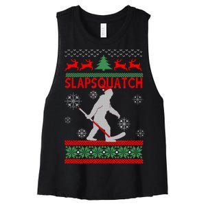 Ugly Christmas Sweater Hockey Sasquatch Women's Racerback Cropped Tank