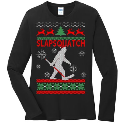 Ugly Christmas Sweater Hockey Sasquatch Ladies Long Sleeve Shirt