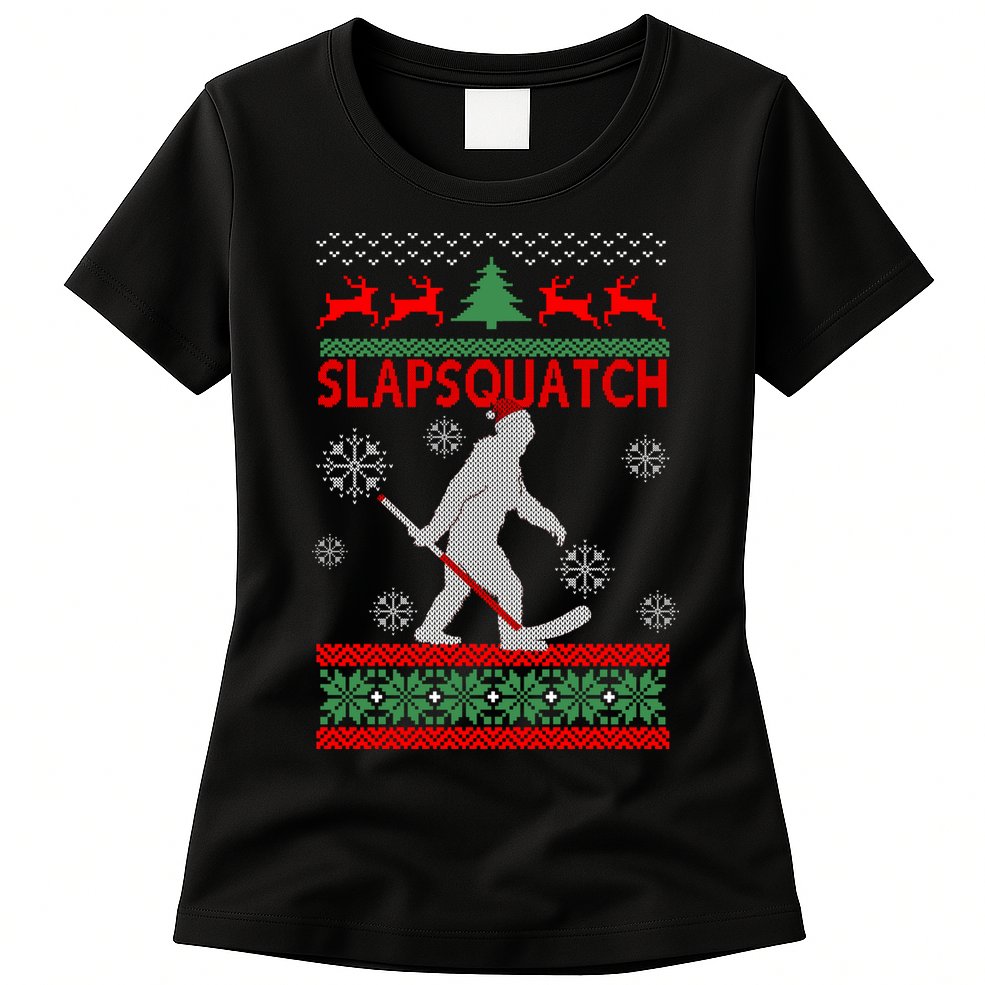 Ugly Christmas Sweater Hockey Sasquatch Womens T-Shirt