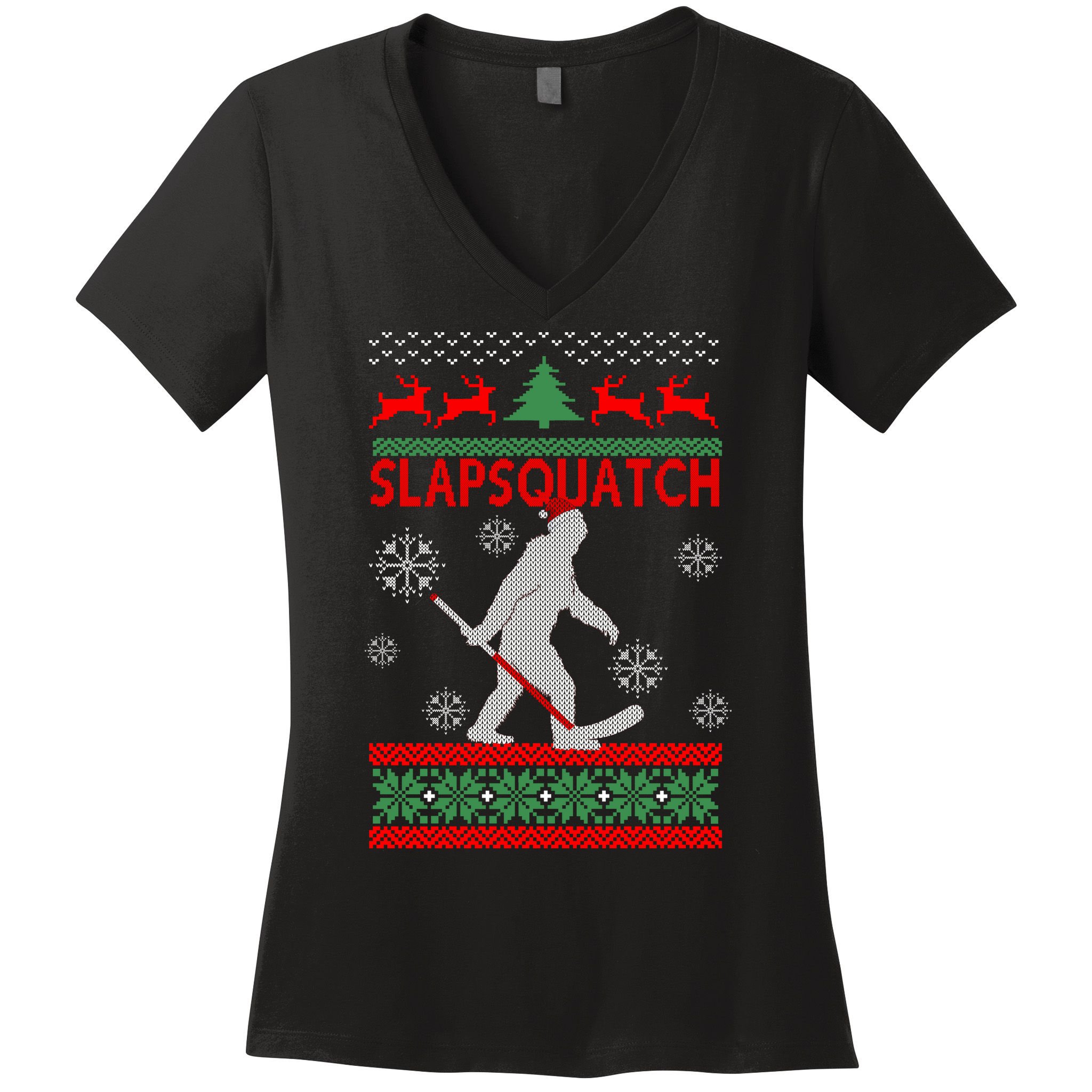 Ugly Christmas Sweater Hockey Sasquatch Women's V-Neck T-Shirt