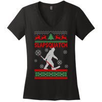 Ugly Christmas Sweater Hockey Sasquatch Women's V-Neck T-Shirt