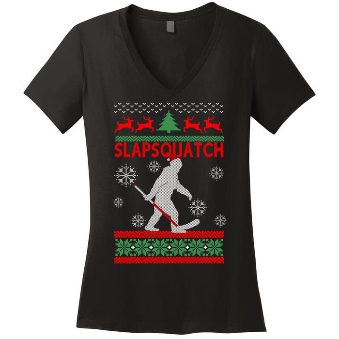 Ugly Christmas Sweater Hockey Sasquatch Women's V-Neck T-Shirt