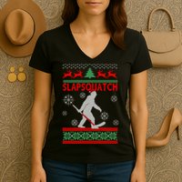 Ugly Christmas Sweater Hockey Sasquatch Women's V-Neck T-Shirt