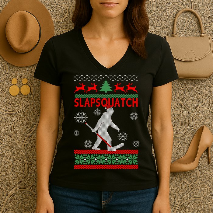 Ugly Christmas Sweater Hockey Sasquatch Women's V-Neck T-Shirt