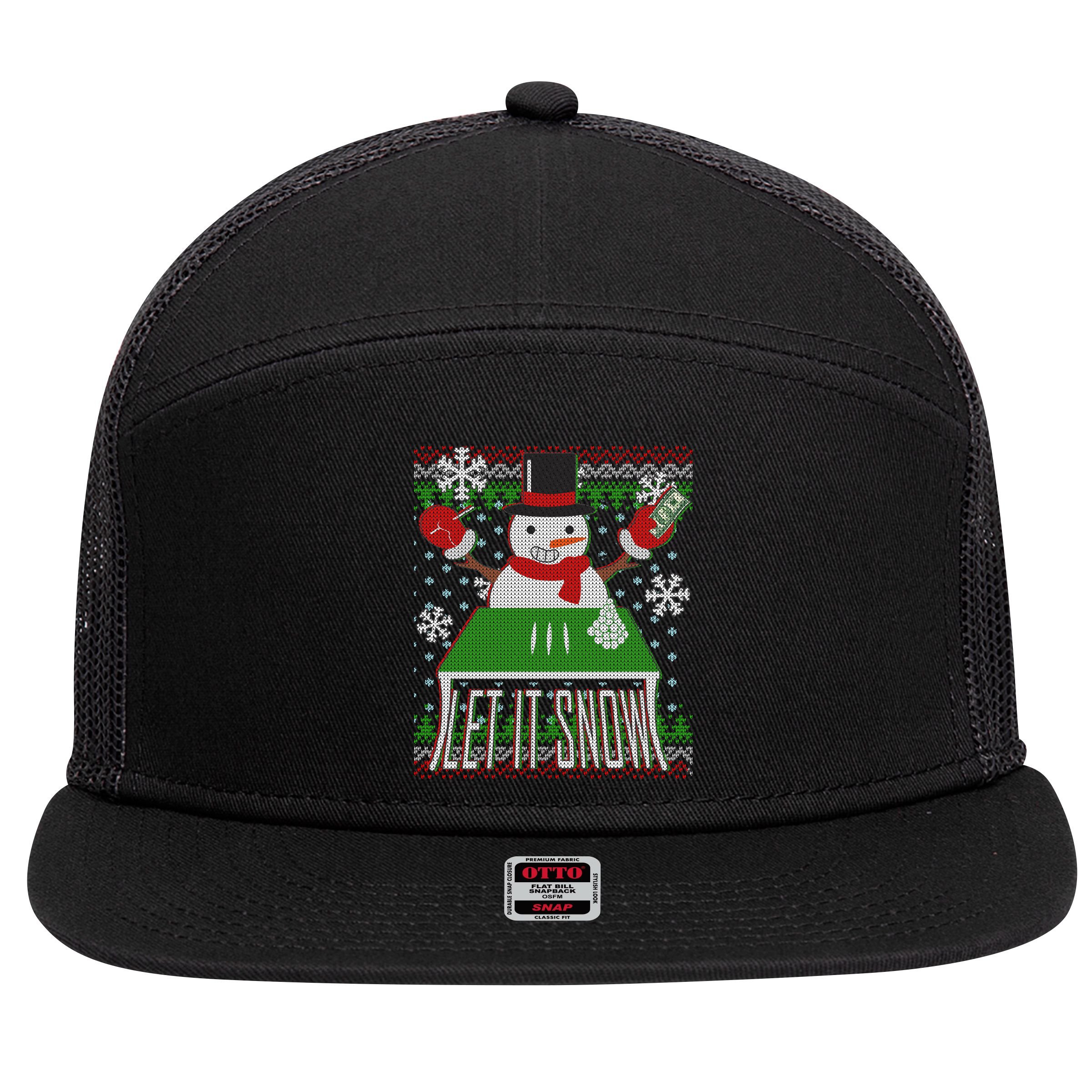 Ugly Christmas Sweater Let It Snow Frosty Snowman On Drugs 7 Panel Mesh Trucker Snapback Hat