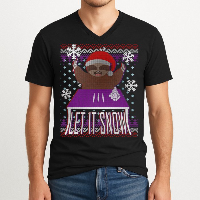 Ugly Christmas Sweater Let It Snow Sloth On Drugs V-Neck T-Shirt