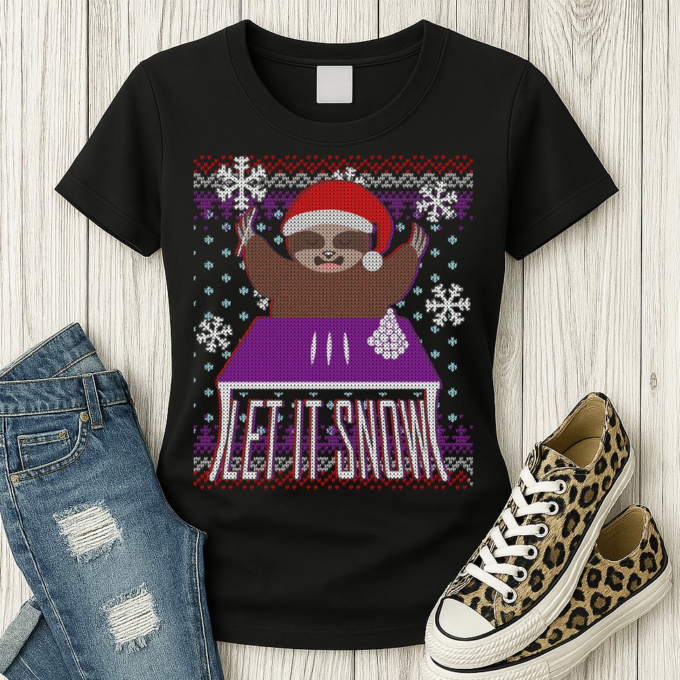 Ugly Christmas Sweater Let It Snow Sloth On Drugs Womens T-Shirt