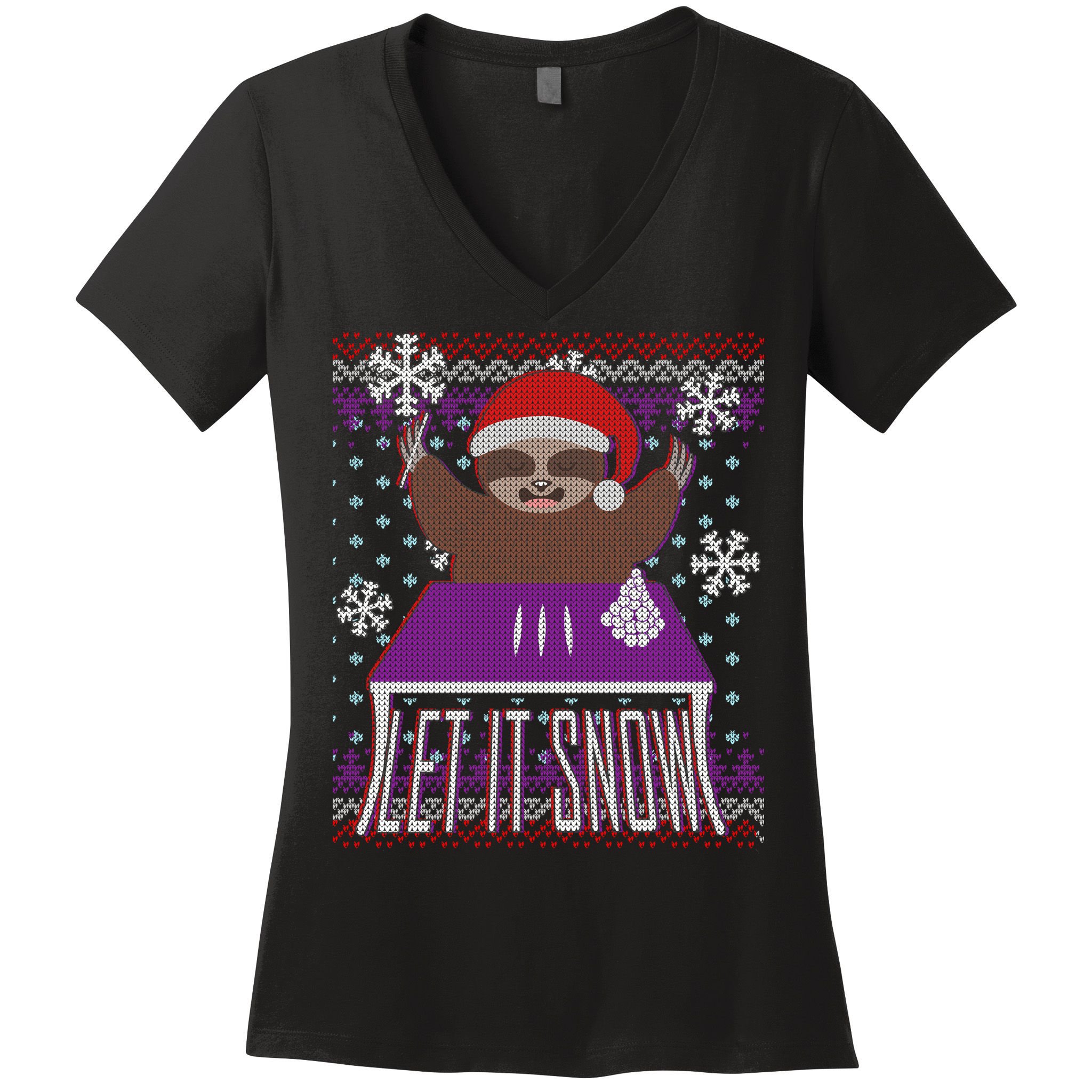 Ugly Christmas Sweater Let It Snow Sloth On Drugs Women's V-Neck T-Shirt
