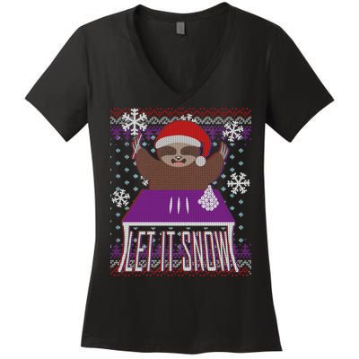 Ugly Christmas Sweater Let It Snow Sloth On Drugs Women's V-Neck T-Shirt