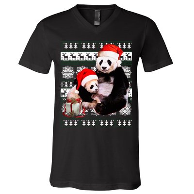 Ugly Christmas Sweater Panda Bears V-Neck T-Shirt