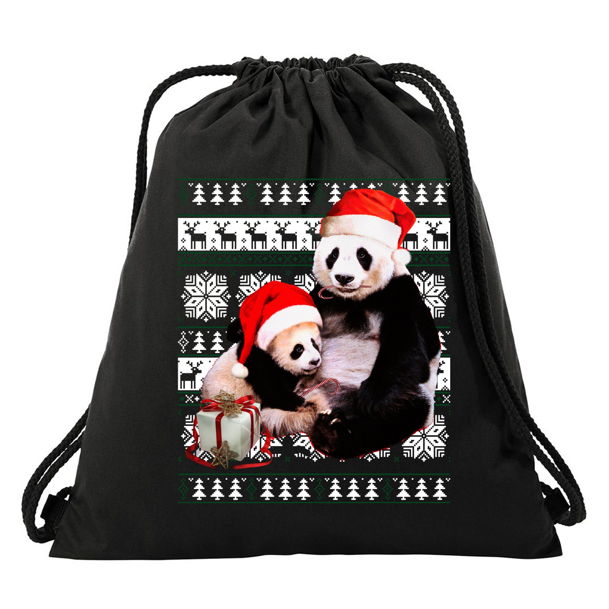 Ugly Christmas Sweater Panda Bears Drawstring Bag