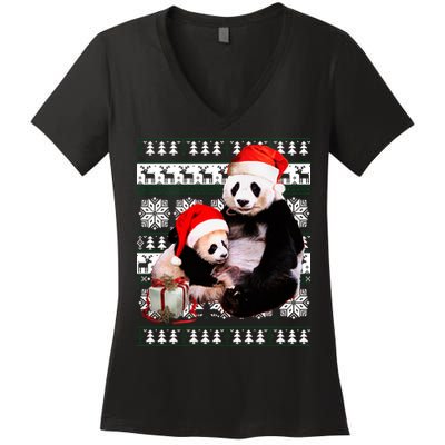 Ugly Christmas Sweater Panda Bears Women's V-Neck T-Shirt