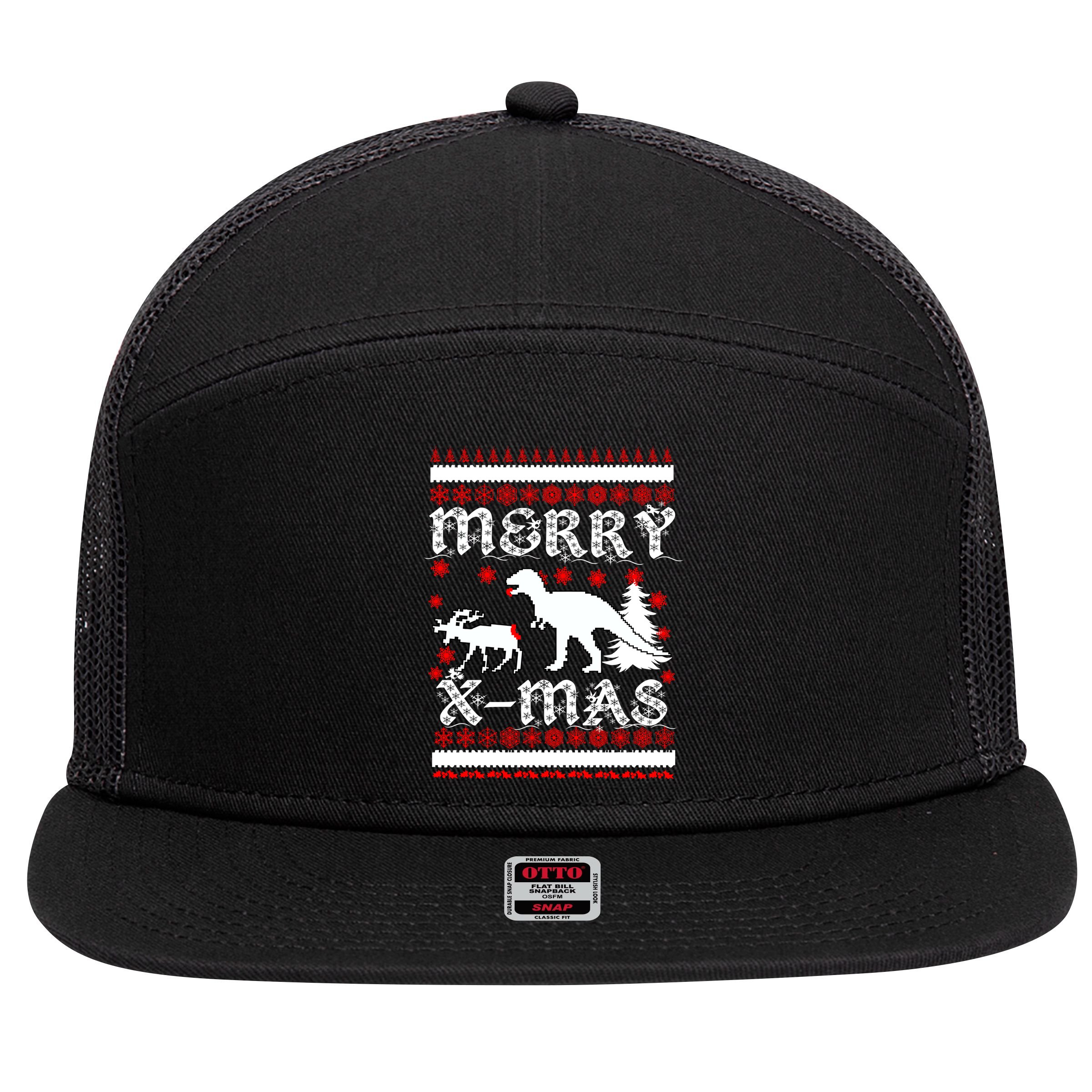 Ugly Christmas Sweater T-Rex Ate Reindeer 7 Panel Mesh Trucker Snapback Hat