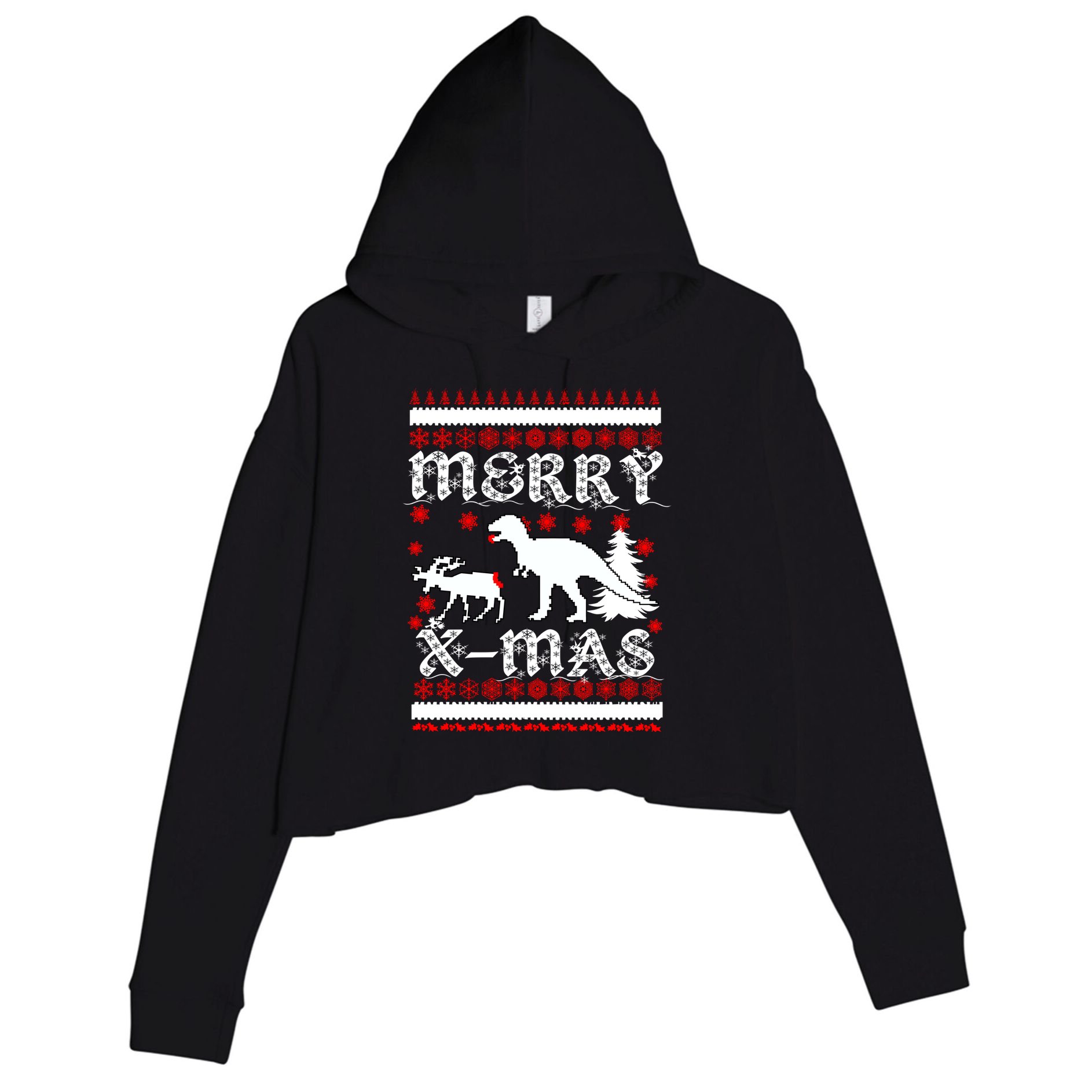 Ugly Christmas Sweater T-Rex Ate Reindeer Crop Fleece Hoodie