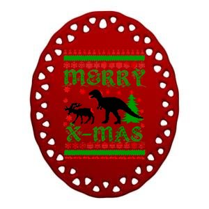 Ugly Christmas Sweater T-Rex Ate Reindeer Ceramic Oval Ornament