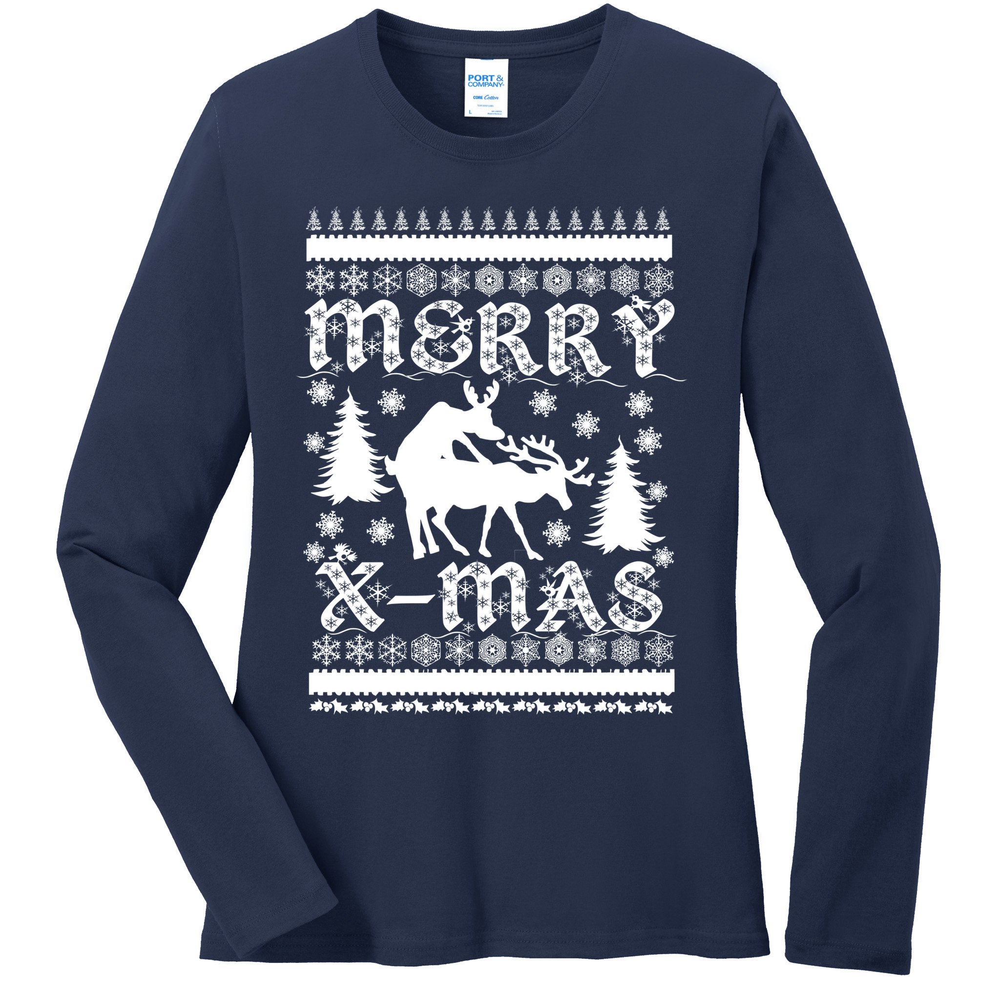 Ugly Christmas X-Mas Frisky Reindeer Humping Ladies Long Sleeve Shirt