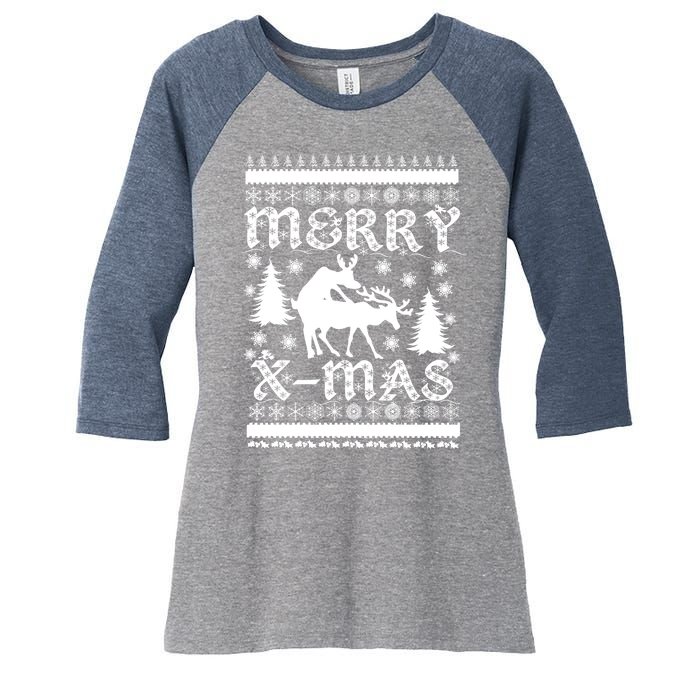 Ugly Christmas X-Mas Frisky Reindeer Humping Women's Tri-Blend 3/4-Sleeve Raglan Shirt