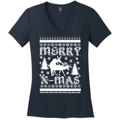 Ugly Christmas X-Mas Frisky Reindeer Humping Women's V-Neck T-Shirt