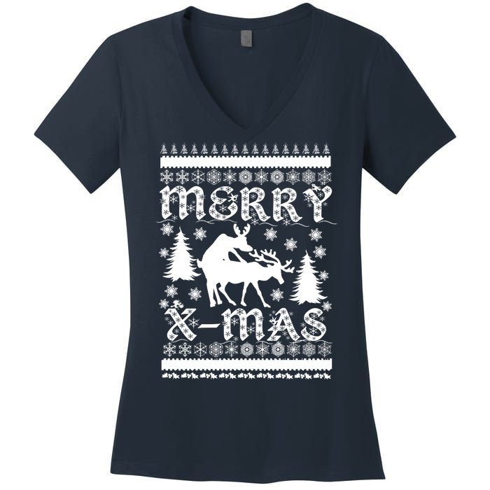 Ugly Christmas X-Mas Frisky Reindeer Humping Women's V-Neck T-Shirt