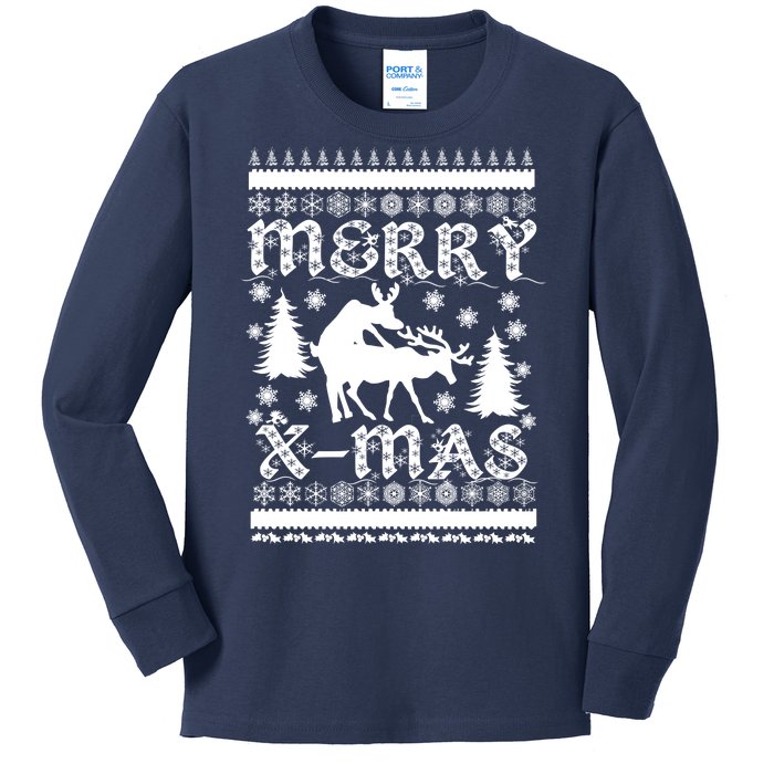 Ugly Christmas X-Mas Frisky Reindeer Humping Kids Long Sleeve Shirt