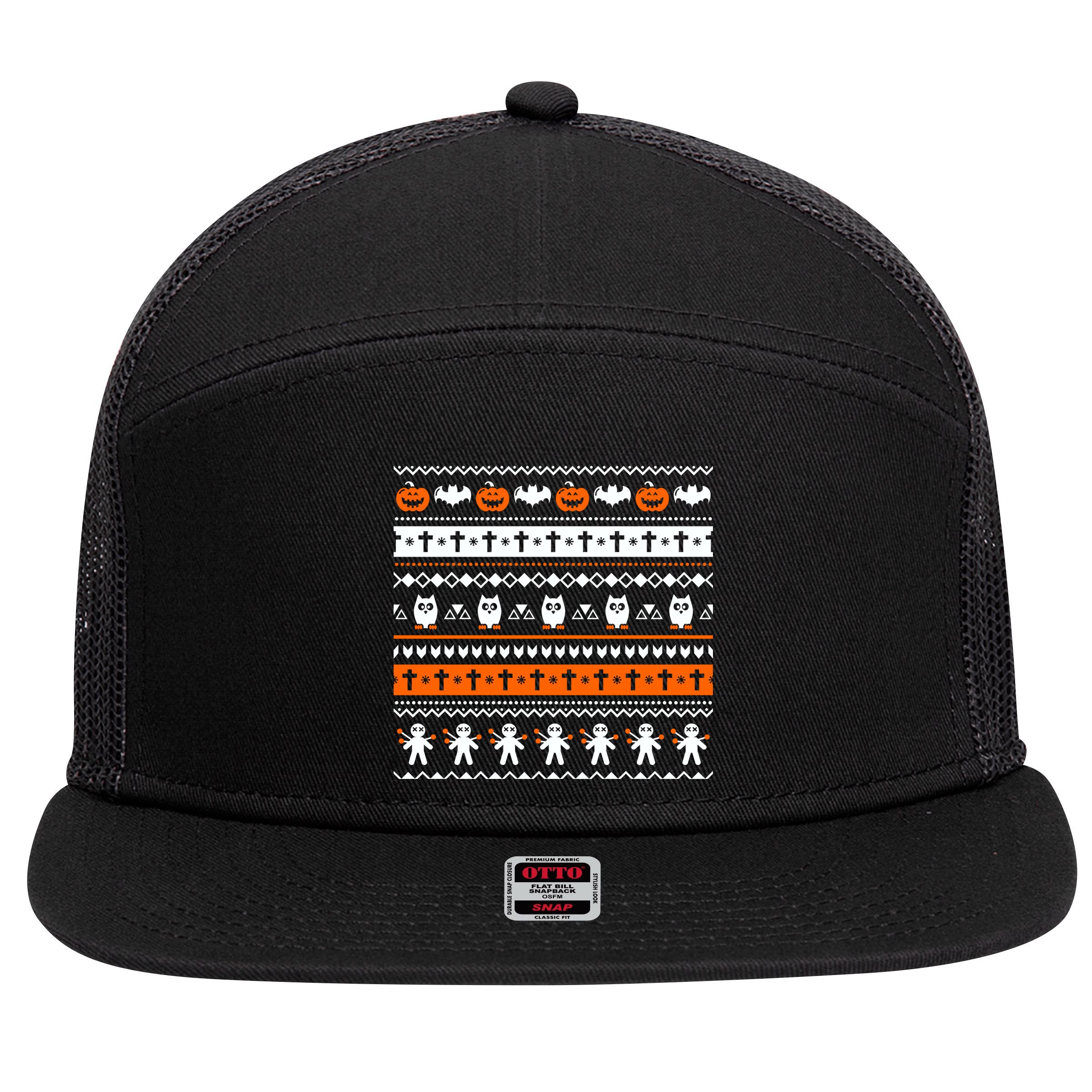Ugly Halloween Sweater Black Cat Pumpkin 7 Panel Mesh Trucker Snapback Hat