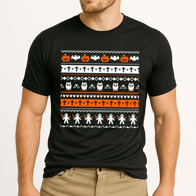 Ugly Halloween Sweater Black Cat Pumpkin Cooling Performance Crew T-Shirt