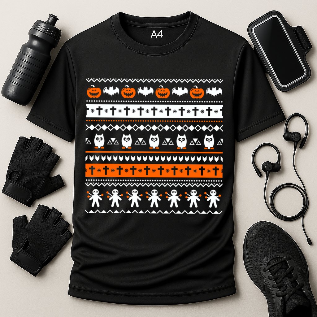 Ugly Halloween Sweater Black Cat Pumpkin Cooling Performance Crew T-Shirt