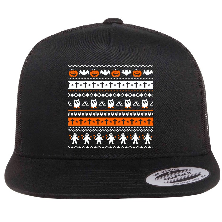 Ugly Halloween Sweater Black Cat Pumpkin Flat Bill Trucker Hat