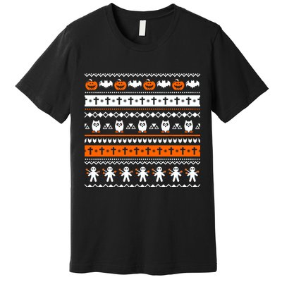 Ugly Halloween Sweater Black Cat Pumpkin Premium T-Shirt