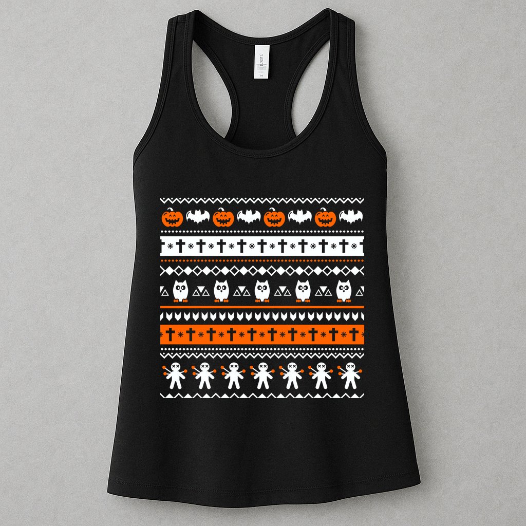 Ugly Halloween Sweater Black Cat Pumpkin Womens Tank Top