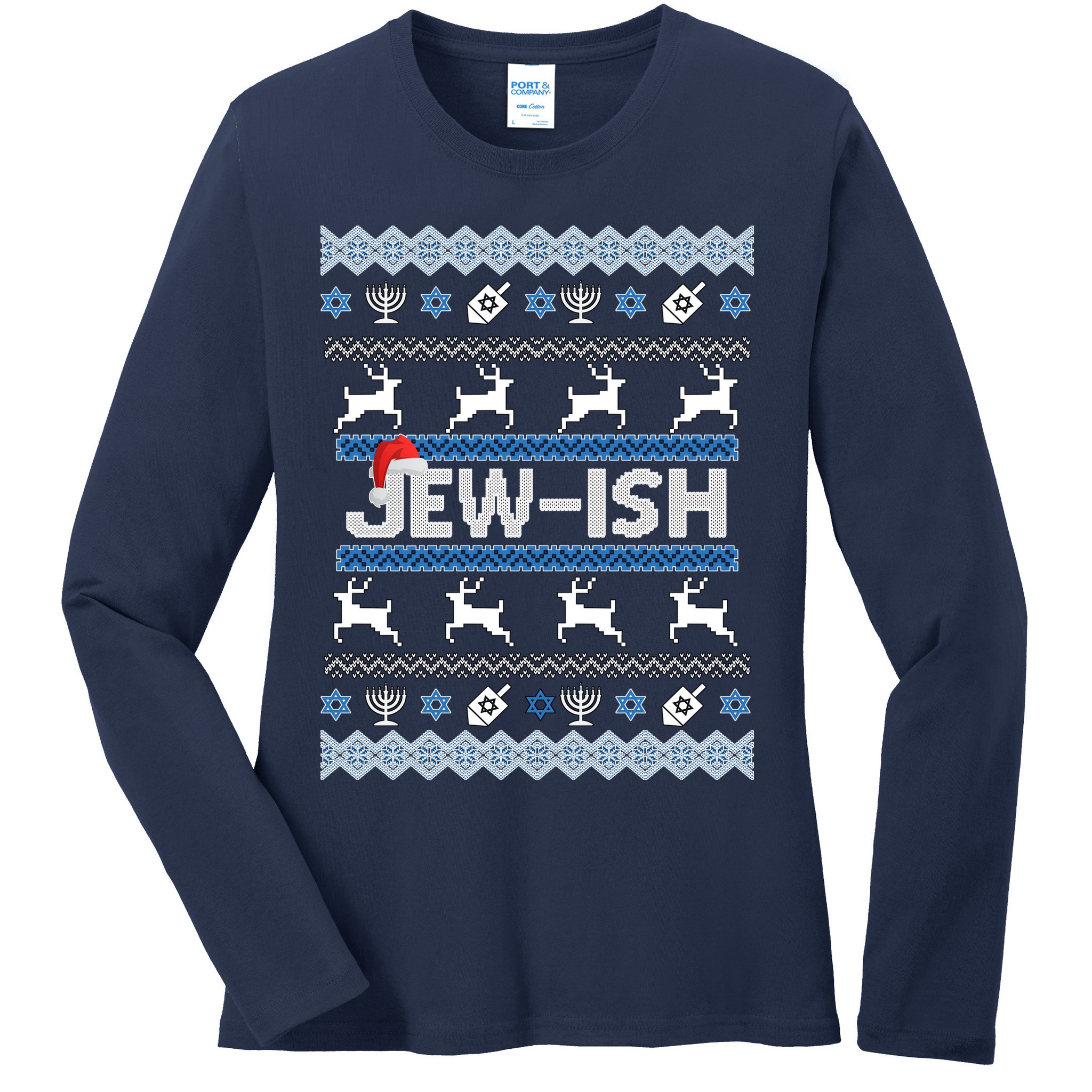 Ugly Hanukkah Sweater Jew-ish Santa Ladies Long Sleeve Shirt