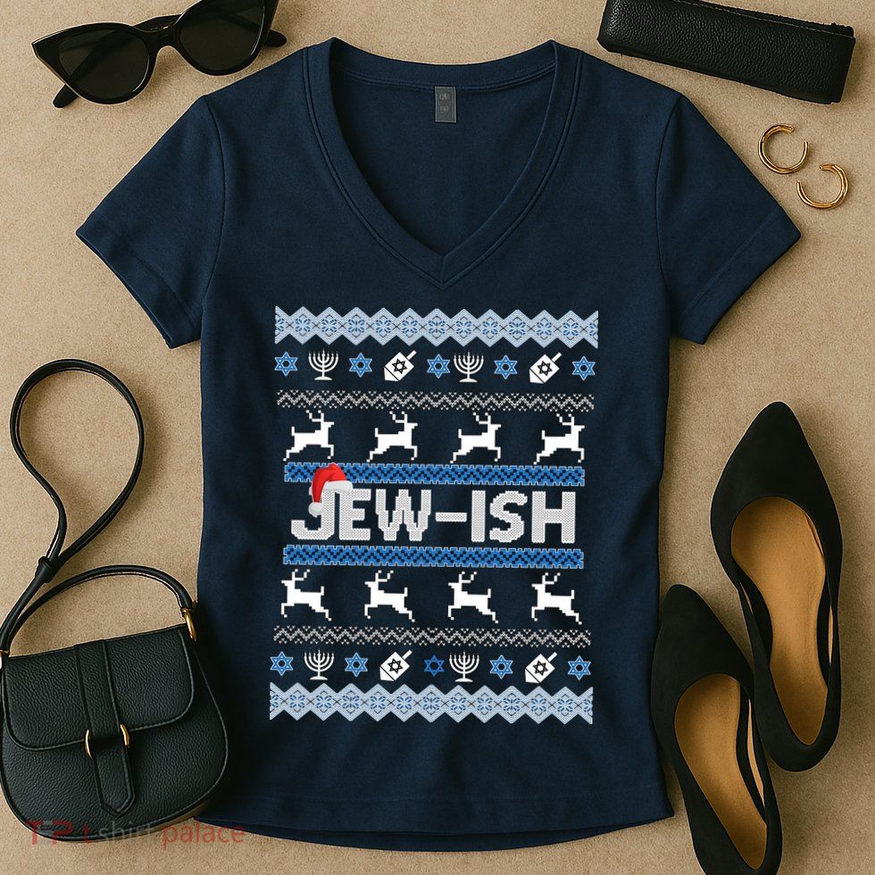 Ugly Hanukkah Sweater Jew-ish Santa Women's V-Neck T-Shirt