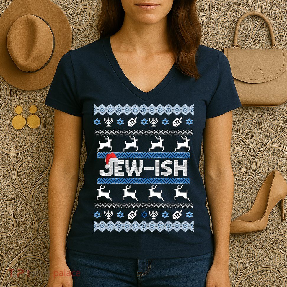 Ugly Hanukkah Sweater Jew-ish Santa Women's V-Neck T-Shirt
