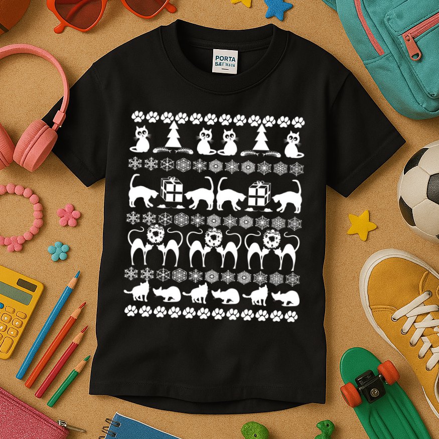 Ugly Kitty Cat Christmas Sweater Kids T-Shirt
