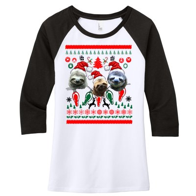 Ugly Sloth Christmas Sweater Women's Tri-Blend 3/4-Sleeve Raglan Shirt