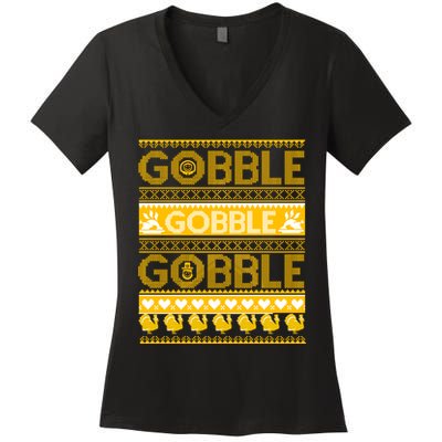 Ugly Thanksgiving Gobble Gobble Gobble Turkey Women's V-Neck T-Shirt