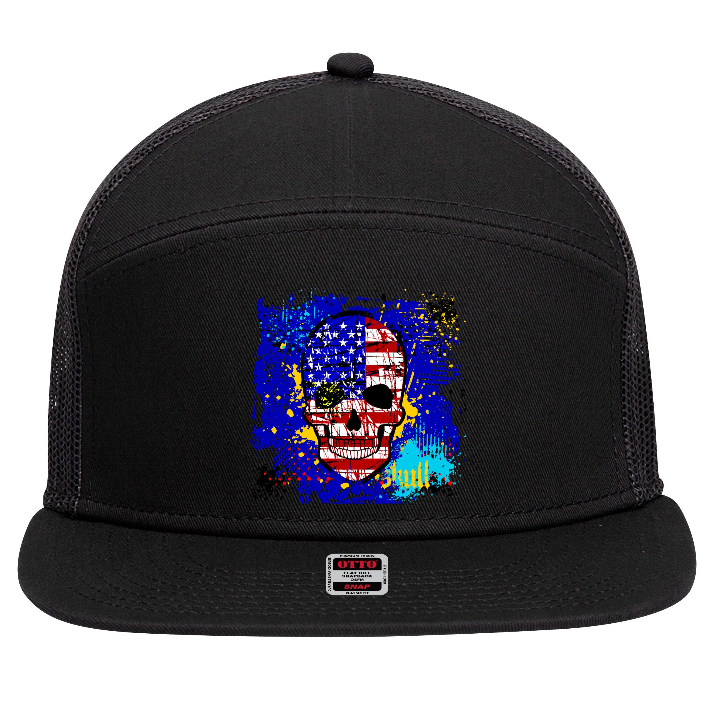 USA Grunge Skull 7 Panel Mesh Trucker Snapback Hat