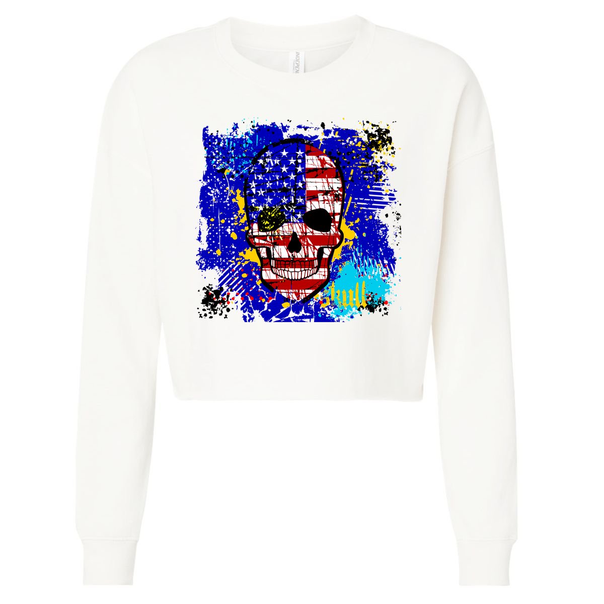USA Grunge Skull Cropped Pullover Crew