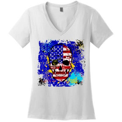 USA Grunge Skull Women's V-Neck T-Shirt