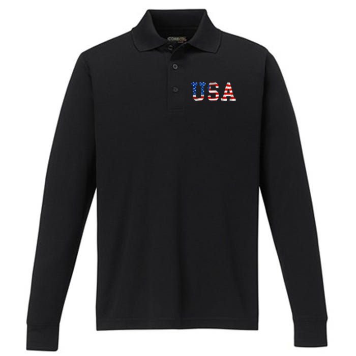 USA Gift Women Men Kids Patriotic American Flag July 4th Performance Long Sleeve Polo