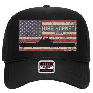 Uss Hornet Cv8 Ww2 Aircraft Carrier Usa American Flag High Crown Mesh Back Trucker Hat