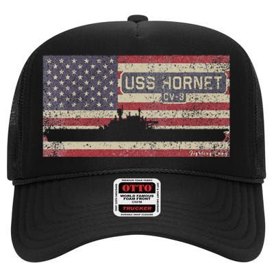 Uss Hornet Cv8 Ww2 Aircraft Carrier Usa American Flag High Crown Mesh Back Trucker Hat