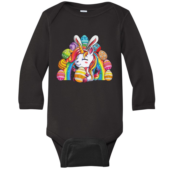 Unicorn Happy Easter Day Bunny Rainbow Egg Baby Long Sleeve Bodysuit