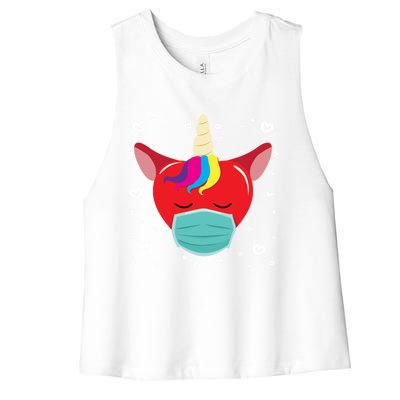 Unicorn Heart Face Mask Valentines Day Gift Funny Gift Women's Racerback Cropped Tank