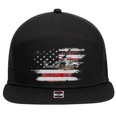 UH1 Huey Helicopter USA American Flag Helicopter Pilot Gifts 7 Panel Mesh Trucker Snapback Hat