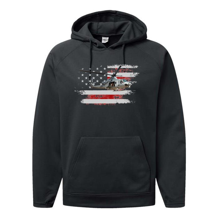 UH1 Huey Helicopter USA American Flag Helicopter Pilot Gifts Performance Fleece Hoodie