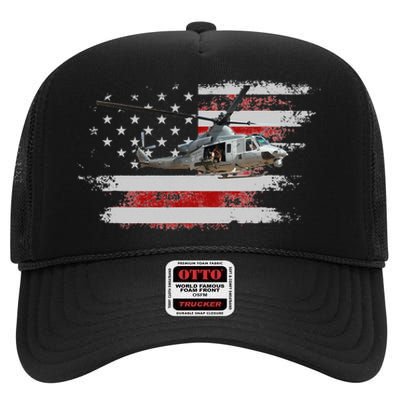 UH1 Huey Helicopter USA American Flag Helicopter Pilot Gifts High Crown Mesh Back Trucker Hat