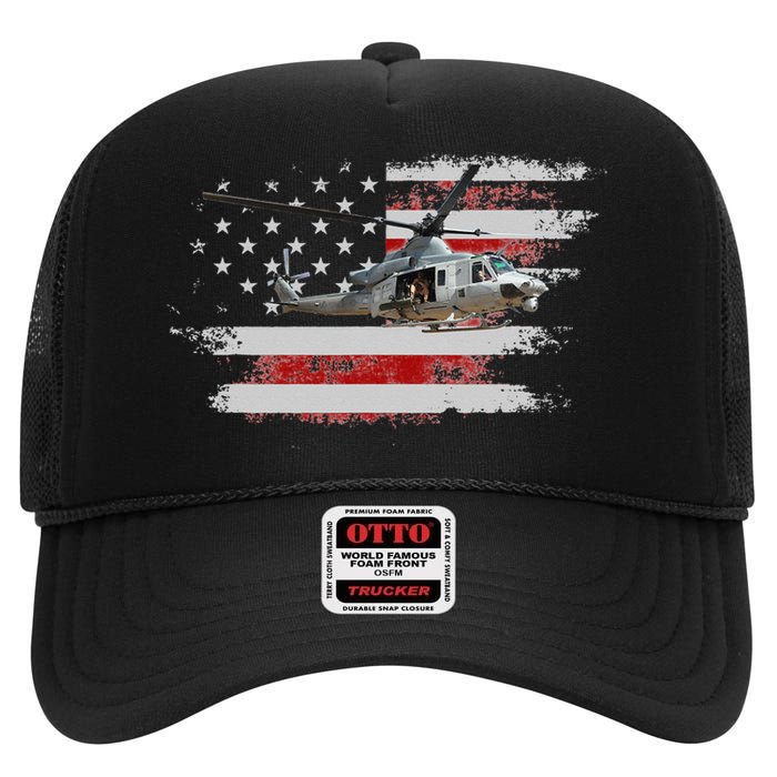 UH1 Huey Helicopter USA American Flag Helicopter Pilot Gifts High Crown Mesh Back Trucker Hat