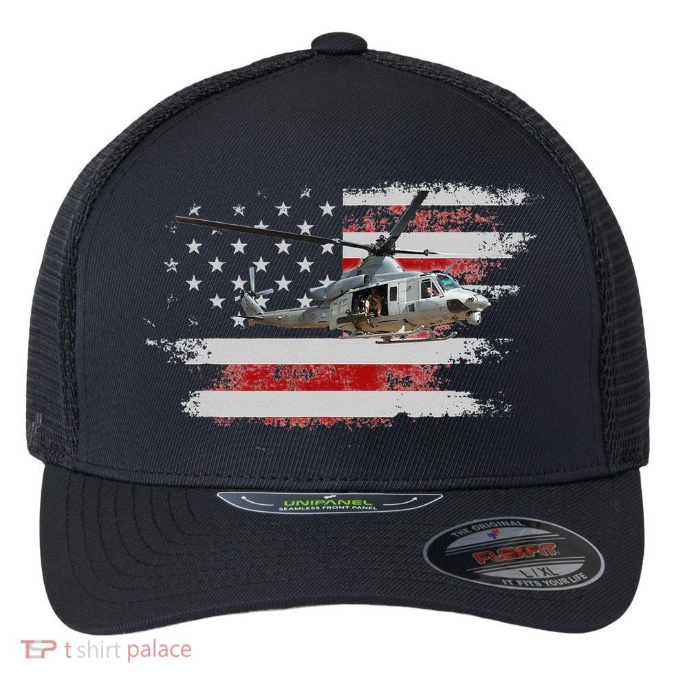 UH1 Huey Helicopter USA American Flag Helicopter Pilot Gifts Flexfit Unipanel Trucker Cap